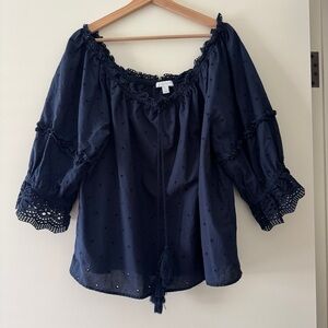 Charter Club Navy Blouse with Lace Trim